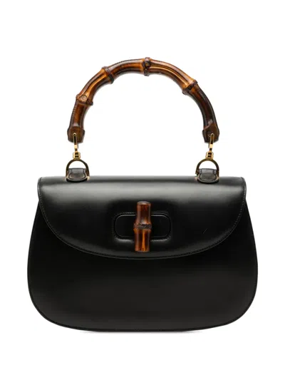 Pre-owned Gucci 20th Century Calfskin Bamboo Night Satchel In Black