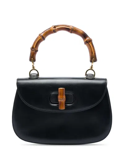Pre-owned Gucci 20th Century Calfskin Bamboo Night Satchel In Black