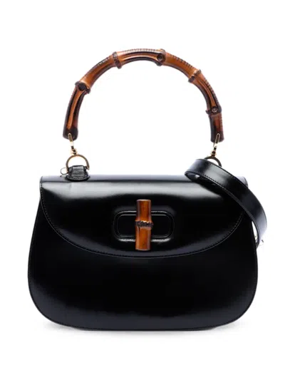 Pre-owned Gucci 20th Century Calfskin Bamboo Night Satchel In Black