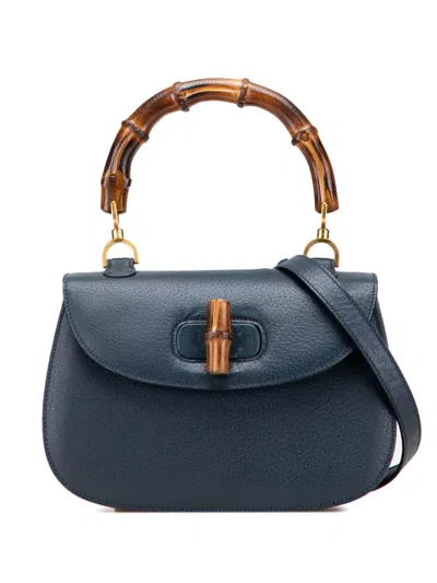 Pre-owned Gucci 20th Century Calfskin Bamboo Night Satchel In Blue