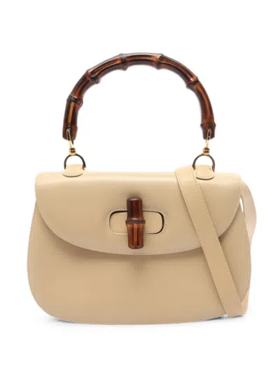 Pre-owned Gucci 20th Century Calfskin Bamboo Night Satchel In Neutrals