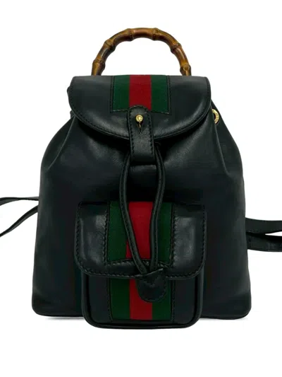 Pre-owned Gucci 20th Century Calfskin Bamboo Web Backpack In Black