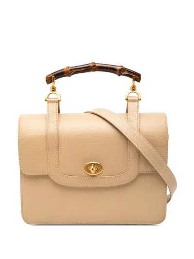 Pre-owned Gucci 20th Century Calfskin Turnlock Bamboo Top Handle Bag Satchel In Neutral
