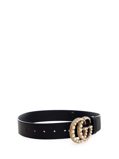 Pre-owned Gucci 20th Century Gg Marmont Pearl Leather Belt In Black