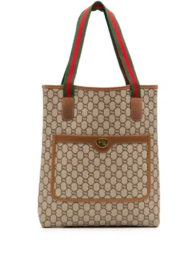 Pre-owned Gucci 20th Century Gg Supreme Plus Web Tote Bag In Brown