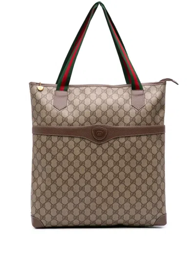 Pre-owned Gucci 20th Century Gg Supreme Web Tote Bag In Brown