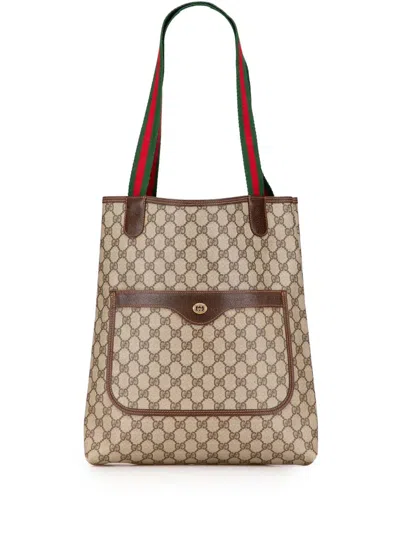 Pre-owned Gucci 20th Century Gg Supreme Web Tote Bag In Brown