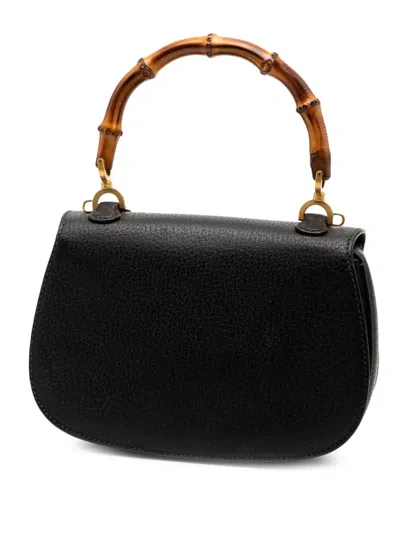 Pre-owned Gucci 20th Century Grained Calfskin Bamboo Night Satchel In Black