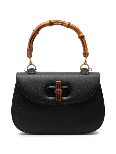 Pre-owned Gucci 20th Century Grained Calfskin Bamboo Night Satchel In Black
