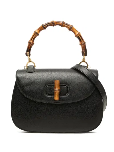 Pre-owned Gucci 20th Century Grained Calfskin Bamboo Night Satchel In Black