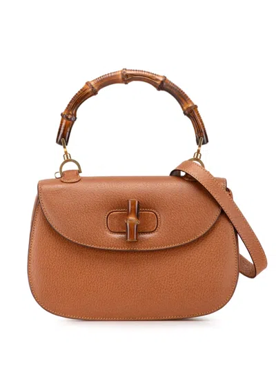Pre-owned Gucci 20th Century Grained Calfskin Bamboo Night Satchel In Brown