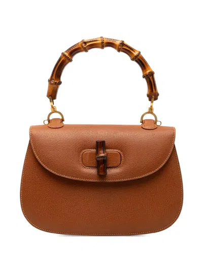 Pre-owned Gucci 20th Century Grained Calfskin Bamboo Night Satchel In Brown