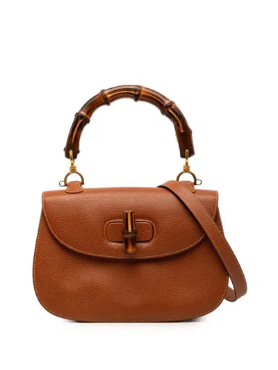 Pre-owned Gucci 20th Century Grained Calfskin Bamboo Night Satchel In Brown