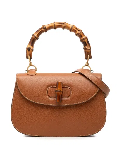 Pre-owned Gucci 20th Century Grained Calfskin Bamboo Night Satchel In Brown