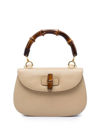 Pre-owned Gucci 20th Century Grained Calfskin Bamboo Night Satchel In Neutrals