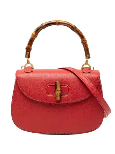 Pre-owned Gucci 20th Century Grained Calfskin Bamboo Night Satchel In Red
