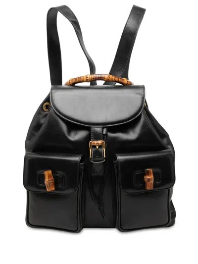 Pre-owned Gucci 20th Century Large Calfskin Bamboo Drawstring Backpack In Black