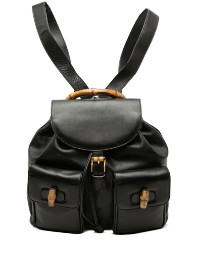 Pre-owned Gucci 20th Century Large Calfskin Bamboo Drawstring Backpack In Black