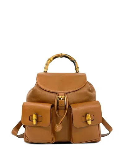 Pre-owned Gucci 20th Century Large Calfskin Bamboo Drawstring Backpack In Neutrals