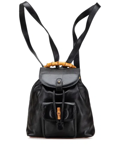 Pre-owned Gucci 20th Century Leather Bamboo Drawstring Backpack In Black