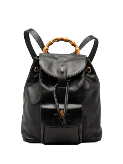 Pre-owned Gucci 20th Century Leather Bamboo Drawstring Backpack In Black