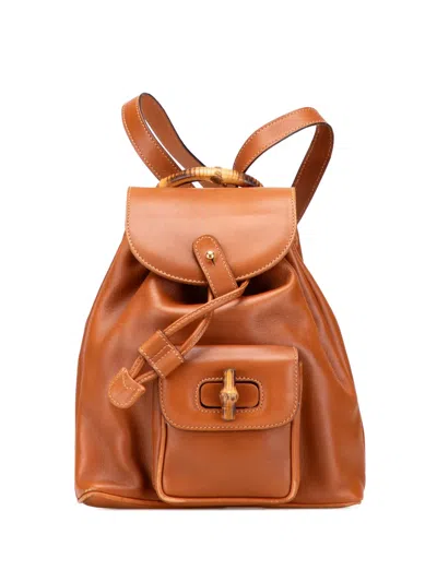 Pre-owned Gucci 20th Century Leather Bamboo Drawstring Backpack In Brown