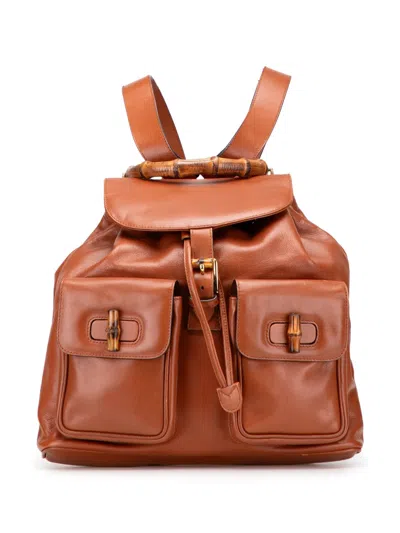 Pre-owned Gucci 20th Century Leather Bamboo Drawstring Backpack In Brown