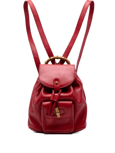 Pre-owned Gucci 20th Century Leather Bamboo Drawstring Backpack In Red