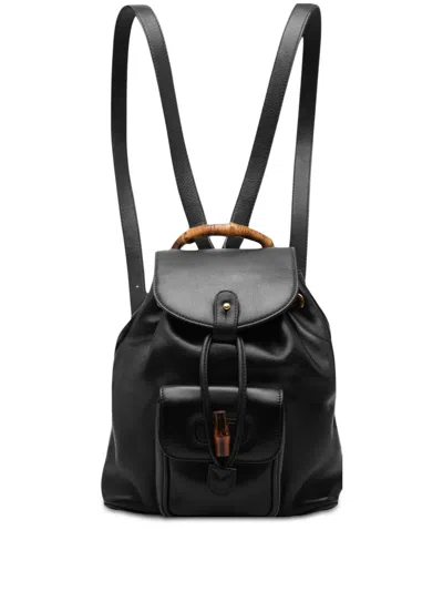 Pre-owned Gucci 20th Century Mini Calfskin Bamboo Drawstring Backpack In Black