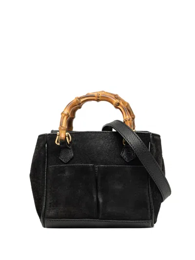 Pre-owned Gucci 20th Century Mini Suede Bamboo Satchel In Black