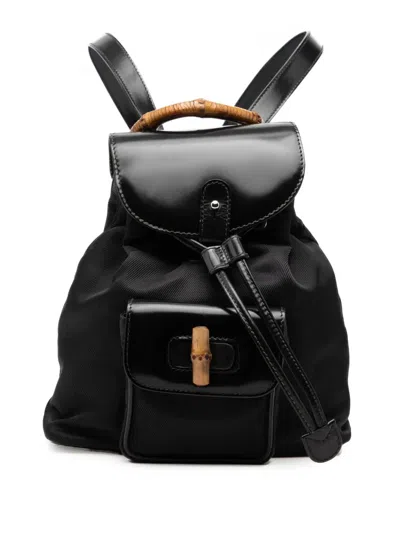 Pre-owned Gucci 20th Century Nylon And Patent Bamboo Drawstring Backpack In Black