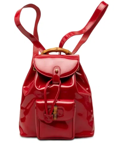 Pre-owned Gucci 20th Century Patent Bamboo Drawstring Backpack In Red