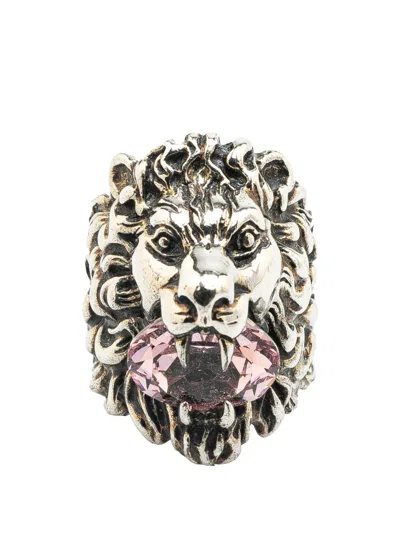 Pre-owned Gucci 20th Century Silver Plated Crystal Lion Head Ring Costume Ring
