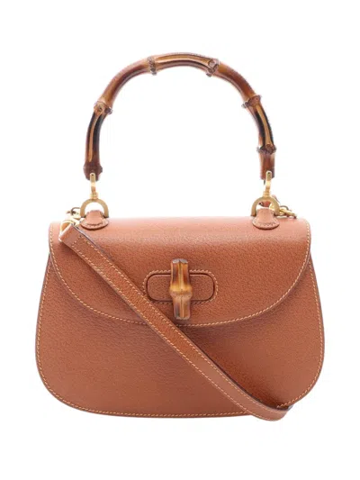 Pre-owned Gucci 20th Century Small Grained Calfskin Bamboo Top Handle Bag Satchel In Brown
