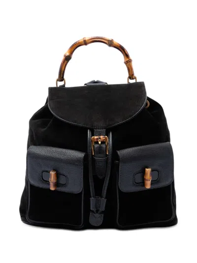 Pre-owned Gucci 20th Century Suede Bamboo Backpack In Black