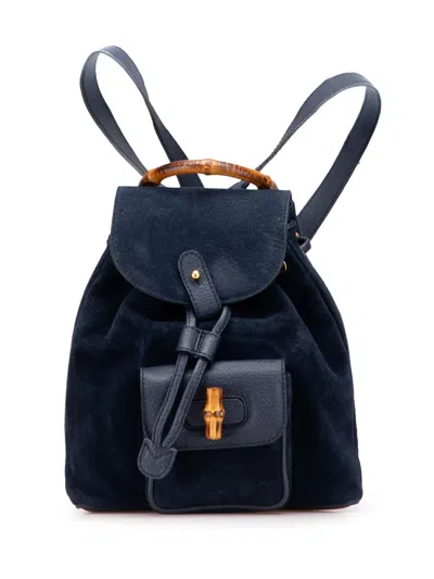 Pre-owned Gucci 20th Century Suede Bamboo Backpack In Blue