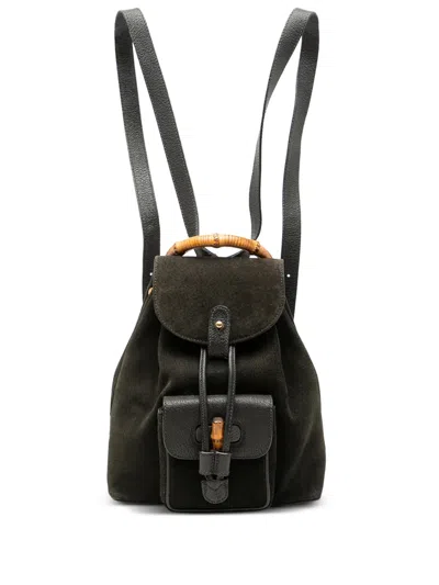 Pre-owned Gucci 20th Century Suede Bamboo Drawstring Backpack In Black