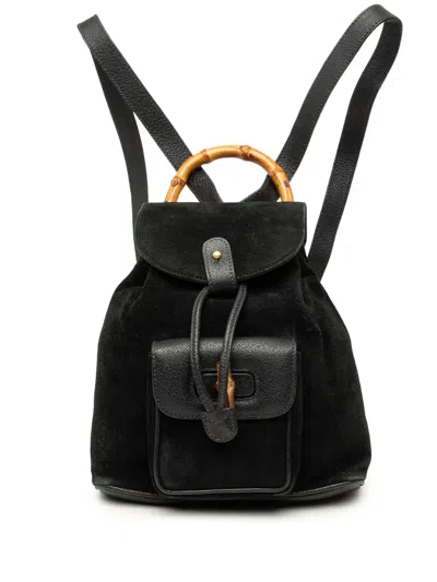 Pre-owned Gucci 20th Century Suede Bamboo Drawstring Backpack In Black