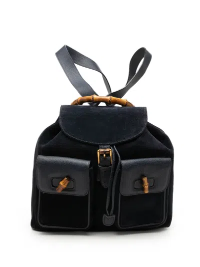 Pre-owned Gucci 20th Century Suede Bamboo Drawstring Backpack In Blue