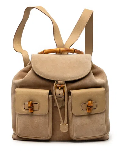 Pre-owned Gucci 20th Century Suede Bamboo Drawstring Backpack In Brown