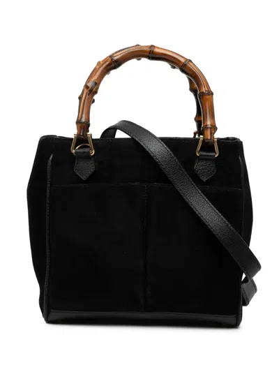 Pre-owned Gucci 20th Century Suede Bamboo Satchel In Black