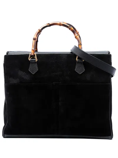 Pre-owned Gucci 20th Century Suede Bamboo Satchel In Black