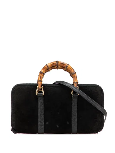 Pre-owned Gucci 20th Century Suede Bamboo Wallet On Strap Satchel In Black