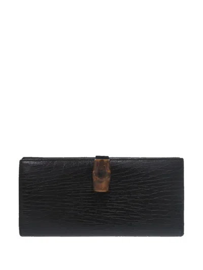 Pre-owned Gucci 20th Century Textured Leather Bamboo Wallet Long Wallets In Black