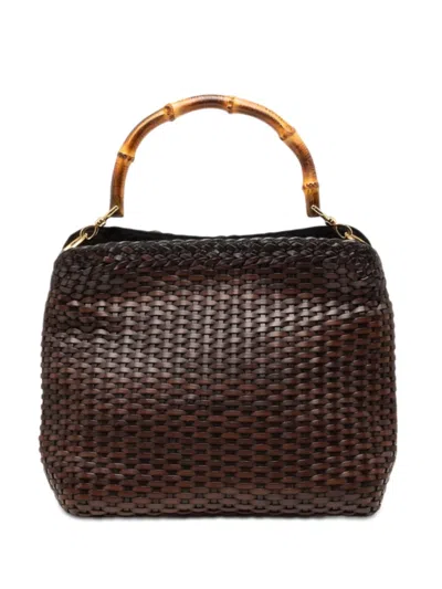 Pre-owned Gucci 20th Century Woven Leather Bamboo Satchel In Brown