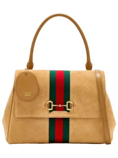 Gucci 24 Cm Mini Suede Crossbody Bag With Web Detail, Horsebit Lining & Leather Strap In Brown
