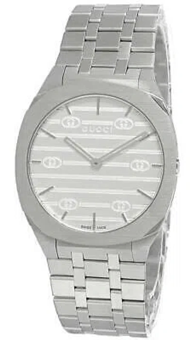 Pre-owned Gucci 25h 34mm Quartz Stainless Steel Silver Dial Unisex Watch Ya163402