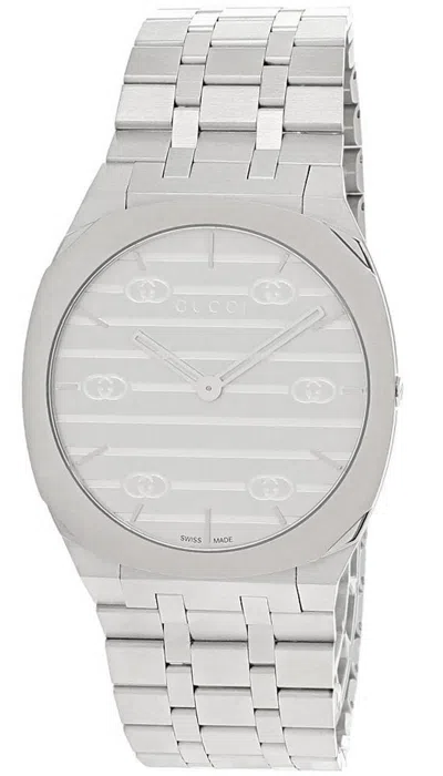 Pre-owned Gucci 25h 38mm Thin Quartz Stainless Steel Silver Dial Men's Watch Ya163407