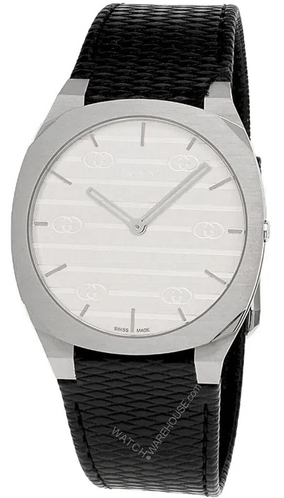 Pre-owned Gucci 25h Quartz 38mm Silver Brass Dial Leather Unisex Watch Ya163419