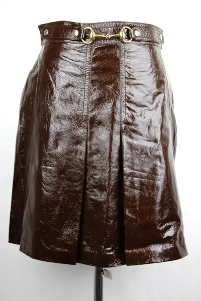 Pre-owned Gucci $2790  Women Dark Brown Patent Leather Horsebit Skirt 410797 2010